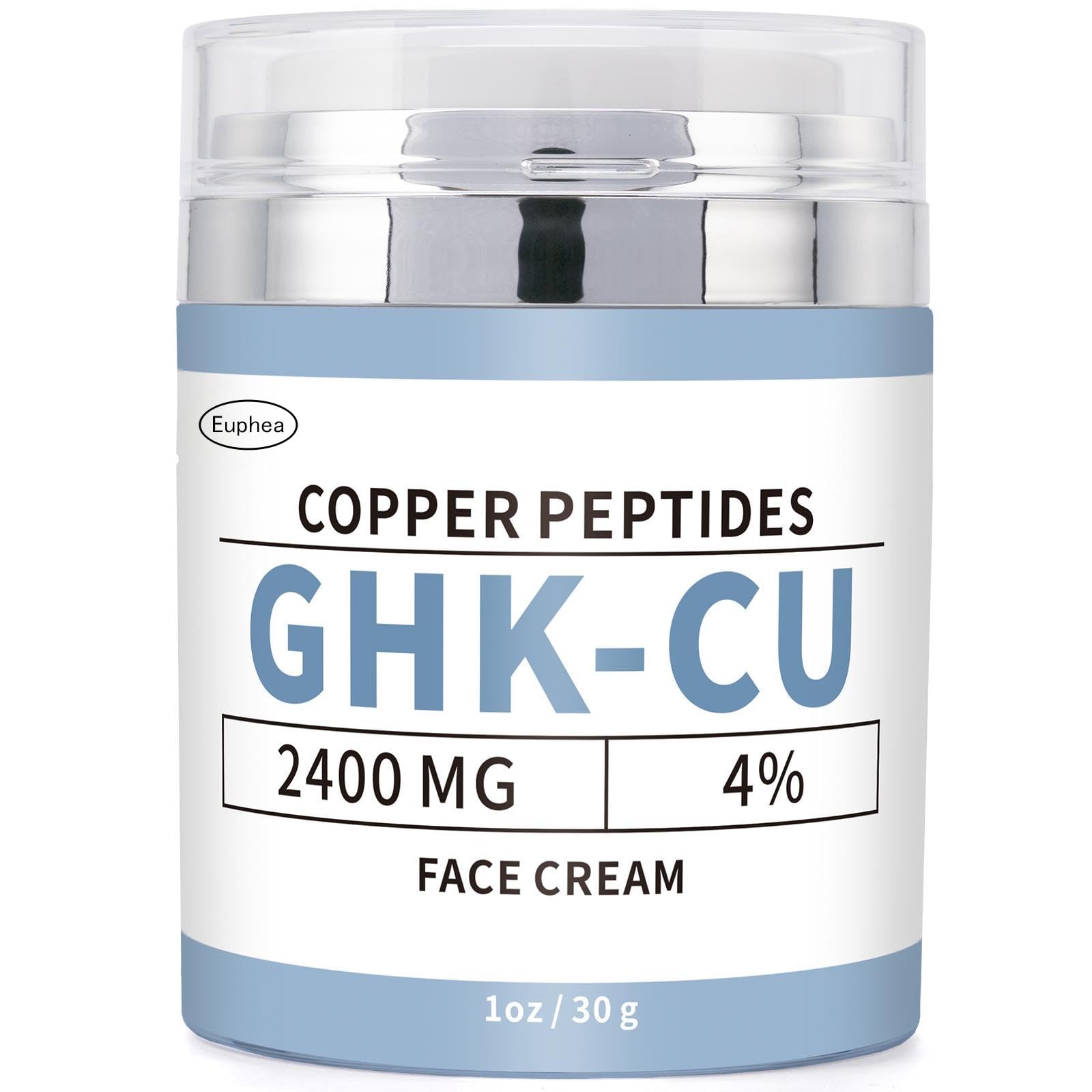 Euphea GHK-Cu copper peptide face cream bottle shows premium anti-aging formula for daily care.