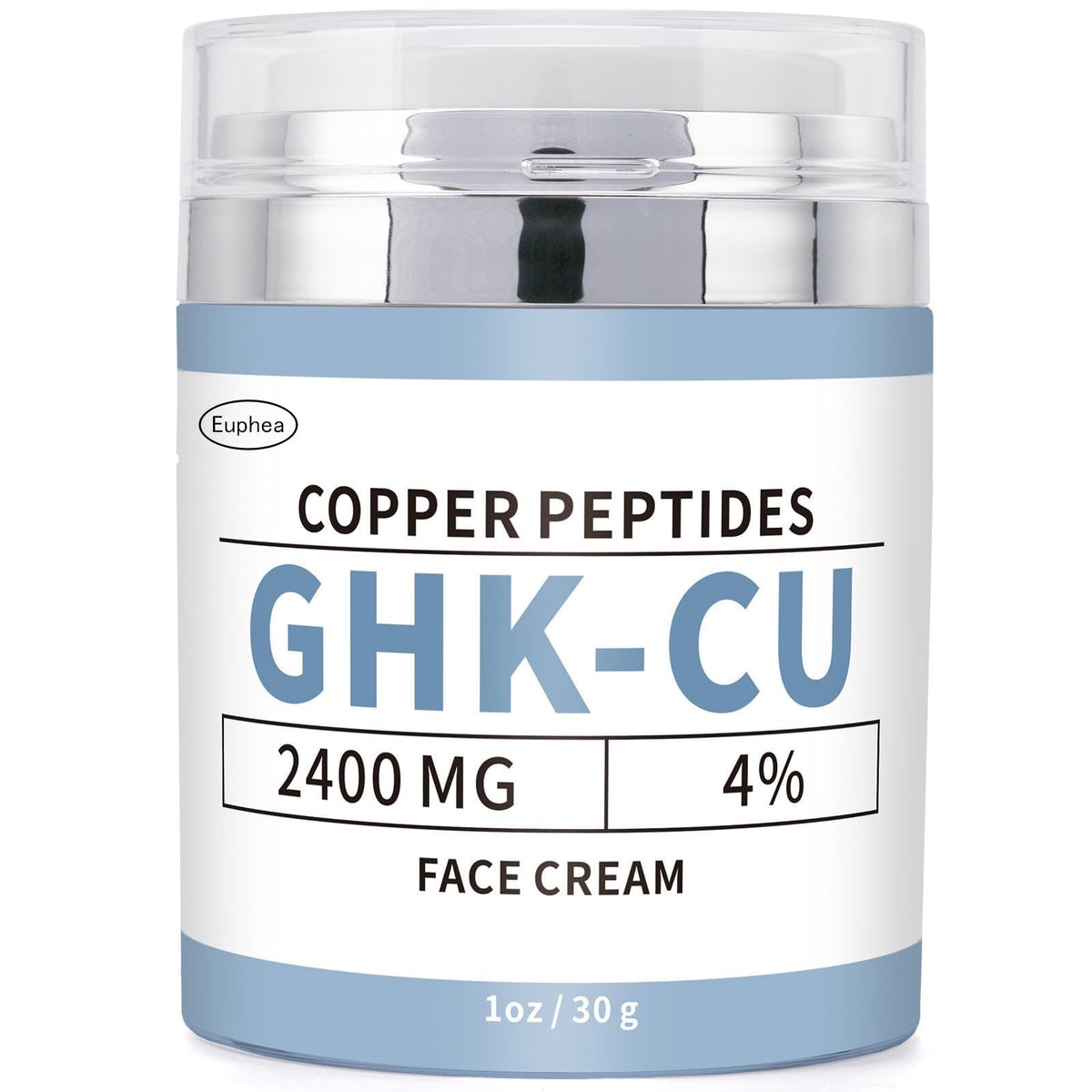 Euphea GHK-Cu copper peptide face cream bottle shows premium anti-aging formula for daily care.