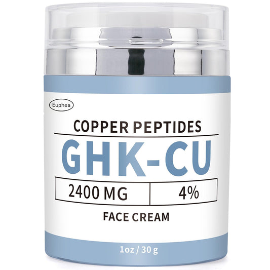 Euphea GHK-Cu copper peptide face cream bottle shows premium anti-aging formula for daily care.
