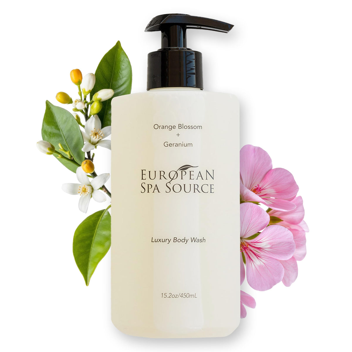 European Spa Source Luxury Body Wash bottle shows vibrant orange blossom notes for a refreshing cleanse.
