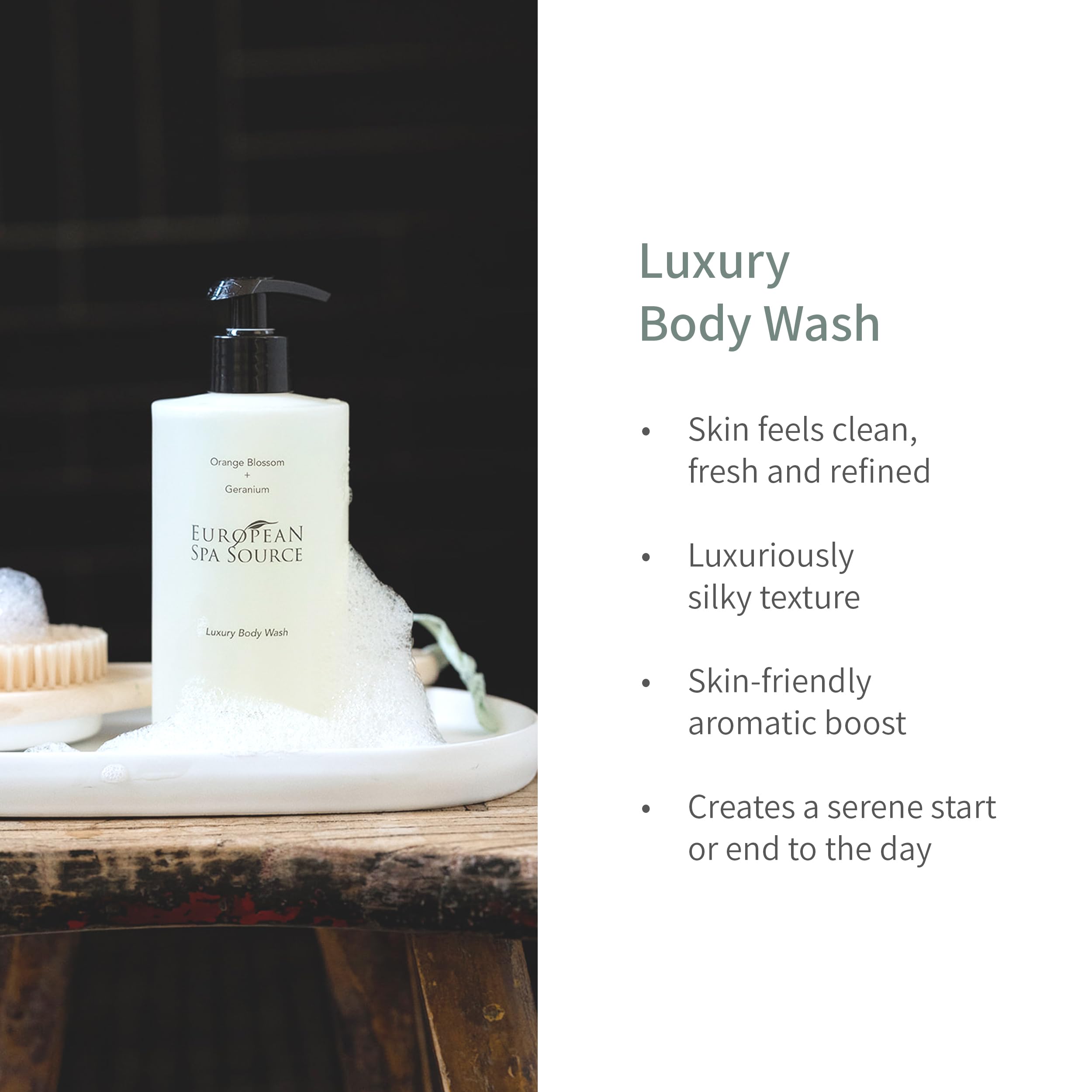 European Spa Source Luxury Body Wash geranium notes add a fresh, uplifting finish after shower.
