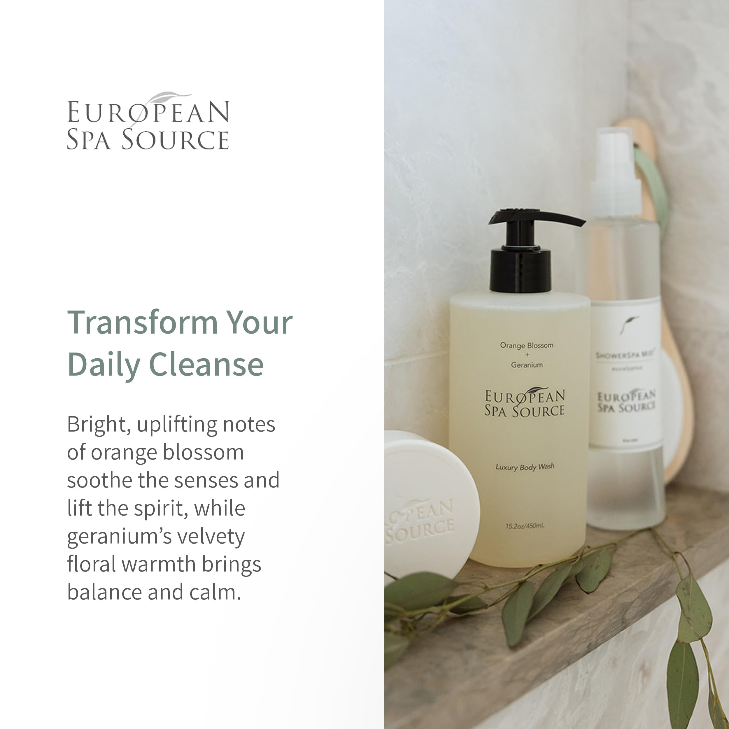 European Spa Source Luxury Body Wash orange blossom closeup captures bright aroma and floral edges.