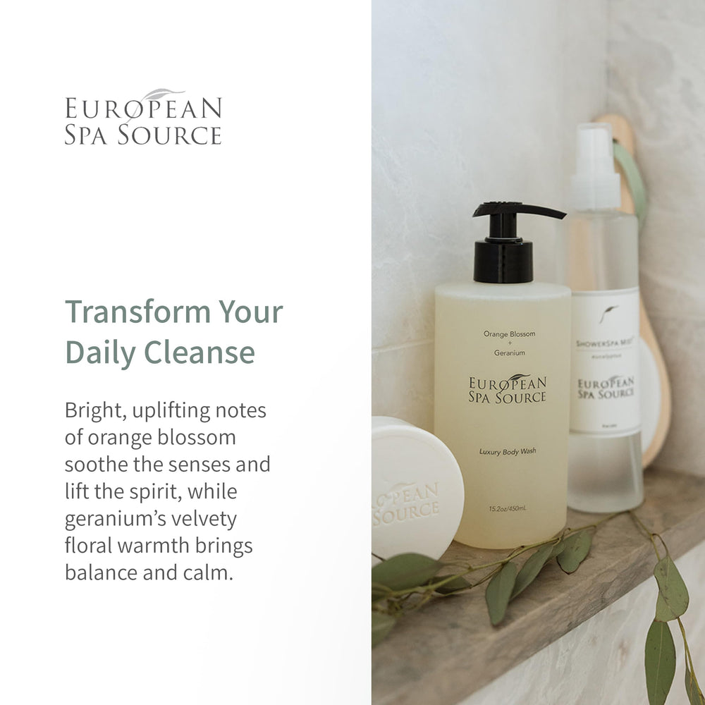European Spa Source Luxury Body Wash orange blossom closeup captures bright aroma and floral edges.
