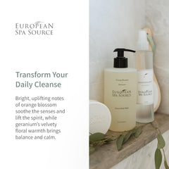 European Spa Source Luxury Body Wash orange blossom closeup captures bright aroma and floral edges.
