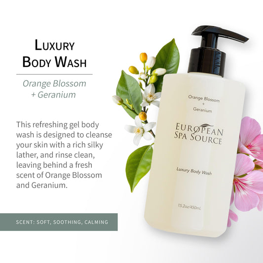 European Spa Source Luxury Body Wash pump dispenser highlights creamy foam for gentle cleansing.