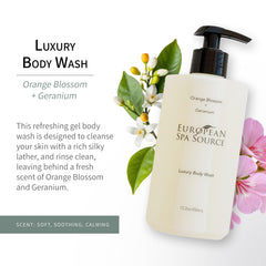 European Spa Source Luxury Body Wash pump dispenser highlights creamy foam for gentle cleansing.