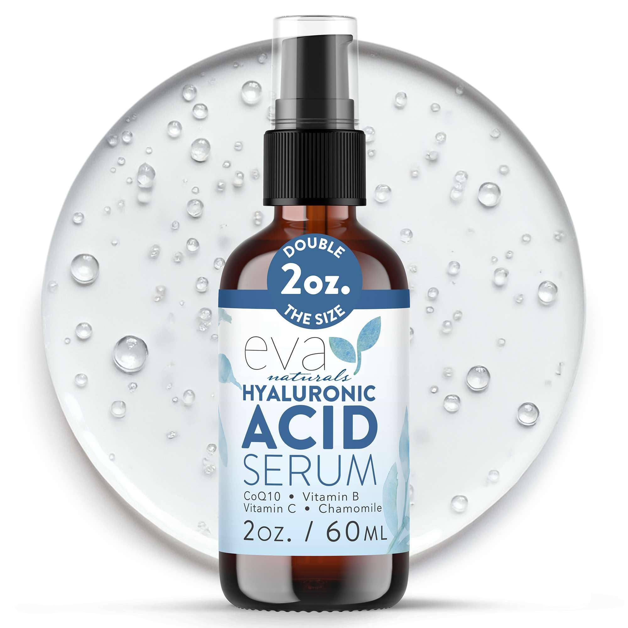 Eva Naturals Hyaluronic Acid Serum bottle shown for daily hydration and soft skin.