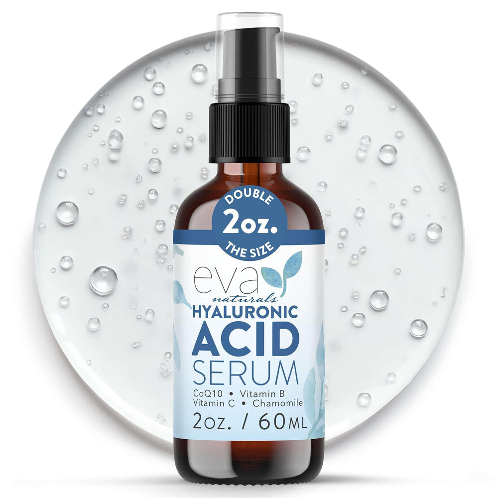 Eva Naturals Hyaluronic Acid Serum bottle shown for daily hydration and soft skin.