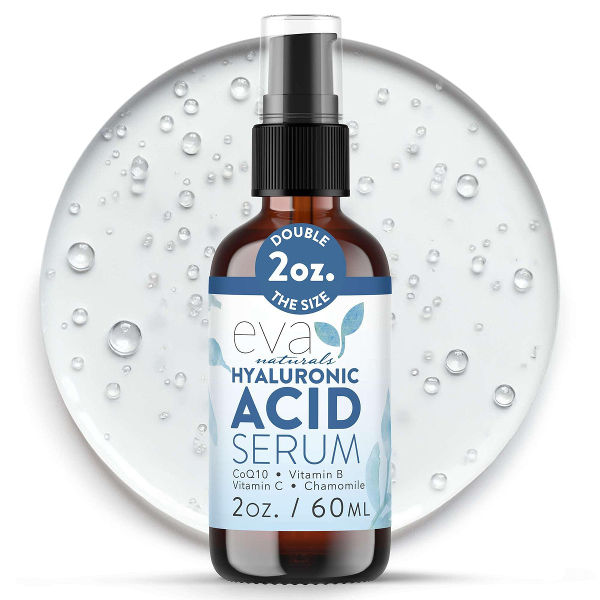 Eva Naturals Hyaluronic Acid Serum bottle shown for daily hydration and soft skin.