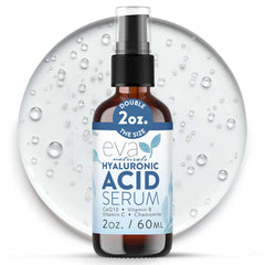Eva Naturals Hyaluronic Acid Serum bottle shown for daily hydration and soft skin.