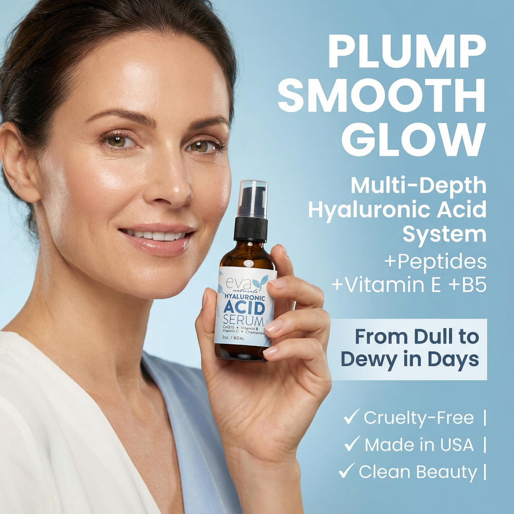 Dropper dispensing Eva Naturals serum for instant moisture on clean skin.