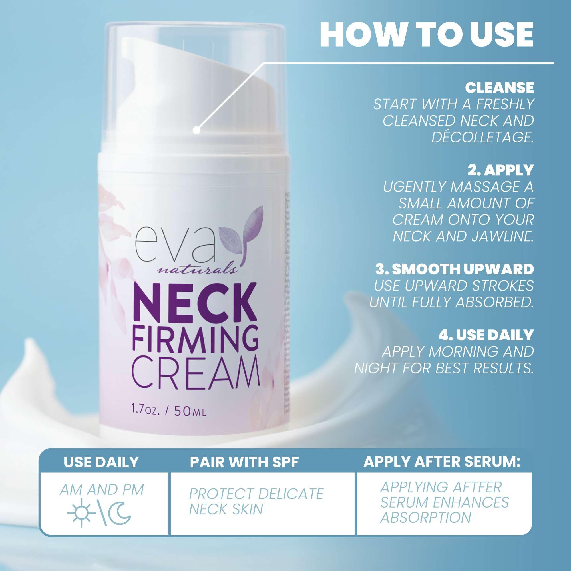 Closeup of Eva Naturals neck-firming cream texture indicating lightweight absorption.