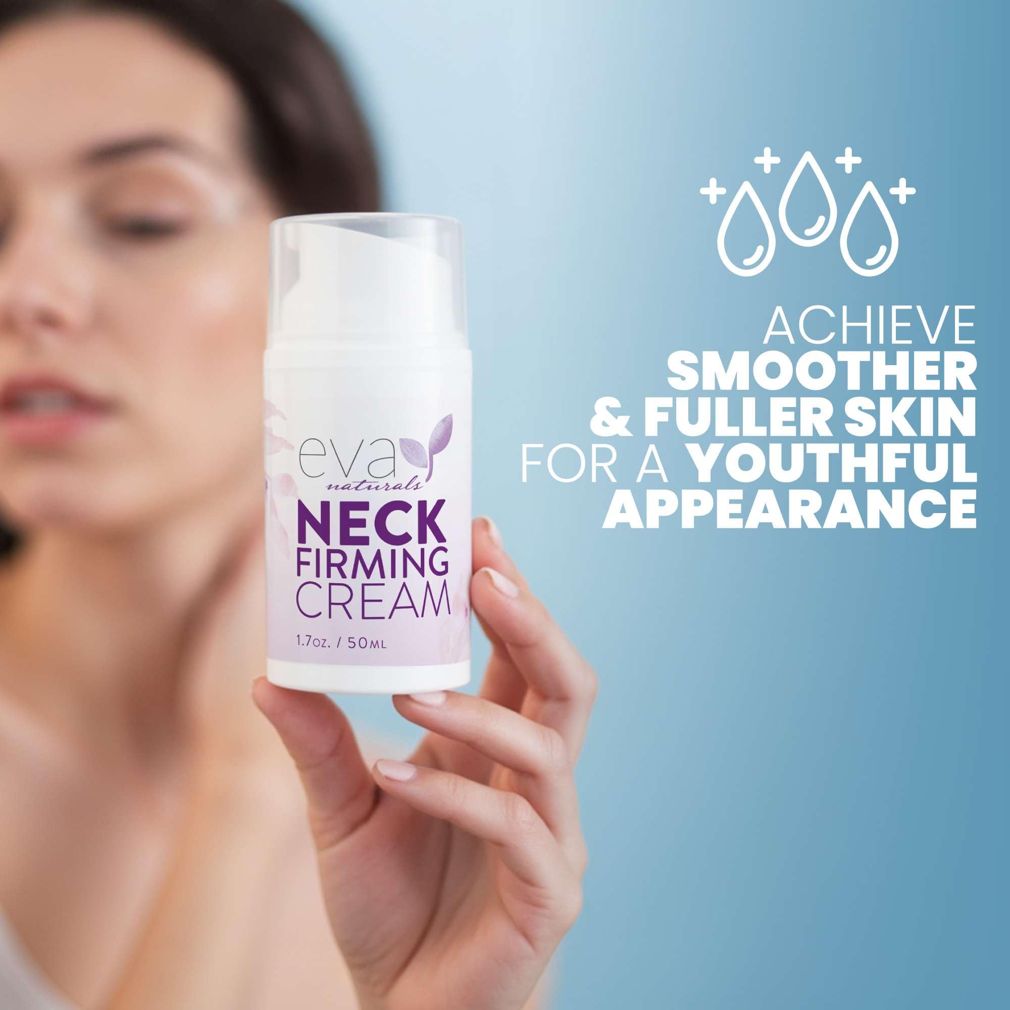 Eva Naturals anti-aging cream on face and neck promoting lifting and smoothing.