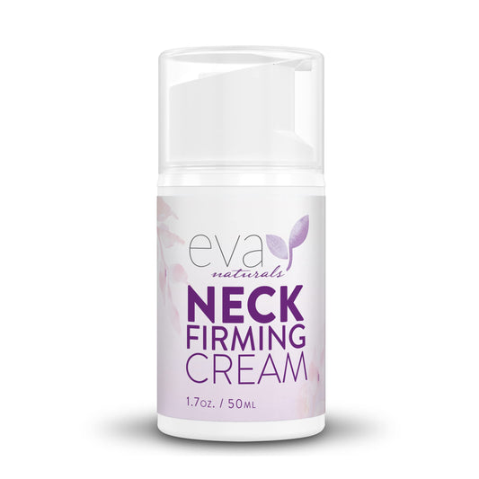 Eva Naturals Neck Firming Cream tube shows smooth texture for firmer neck skin.