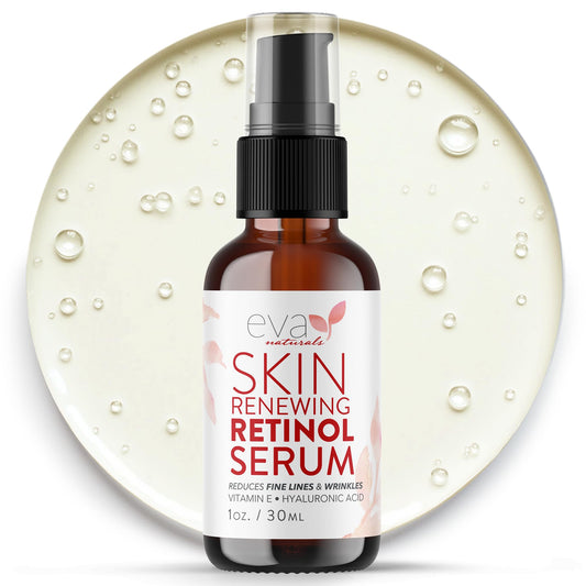 Eva Naturals Retinol Serum bottle with dropper for smoothing wrinkles.