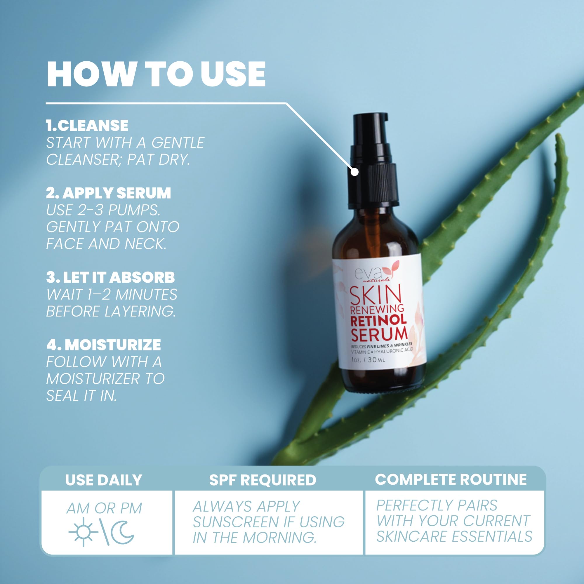Eva Naturals Retinol Serum with hyaluronic acid for lasting moisture.