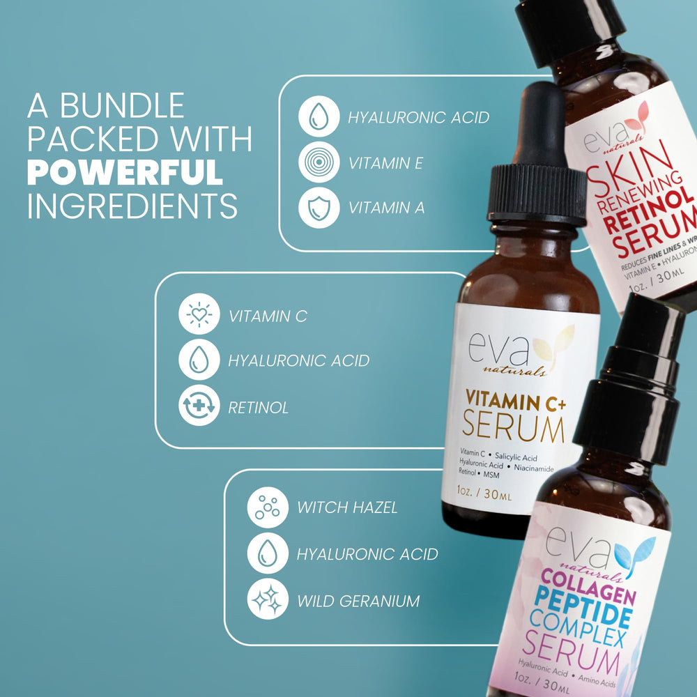 Eva Naturals Trifecta set packaging with three serums for routine.