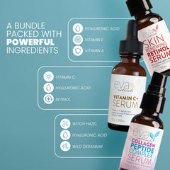 Eva Naturals Trifecta set packaging with three serums for routine.