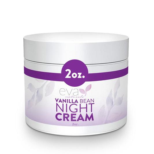 Eva Naturals Vanilla Bean Night Cream bottle for overnight hydration.