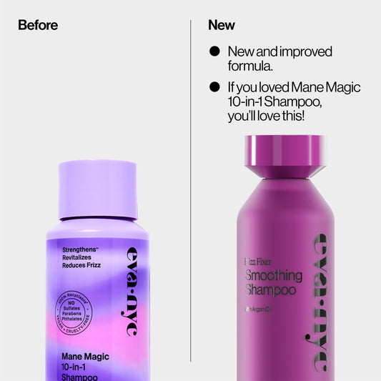 Eva NYC Anti-Frizz Shampoo bottle close-up highlighting frizz-control formula and premium packaging.