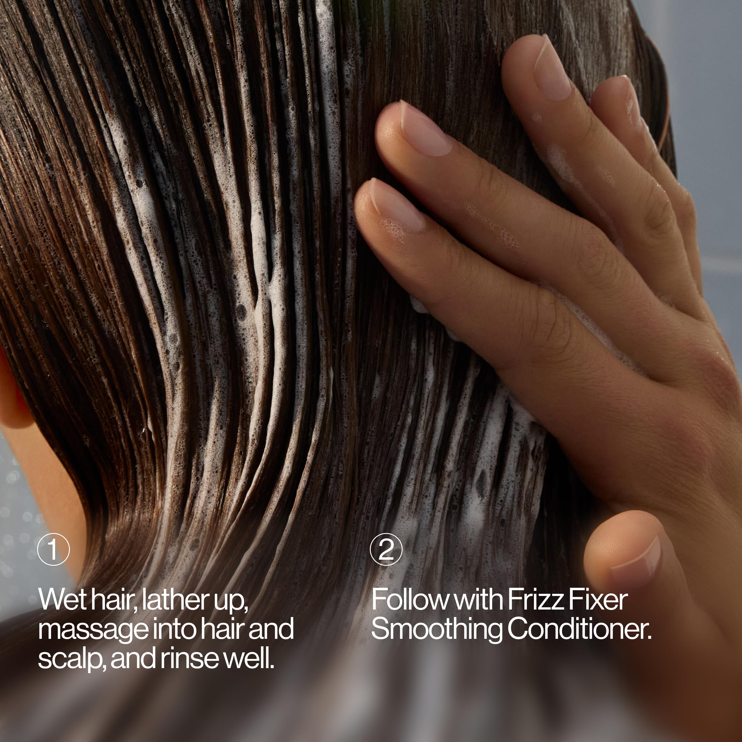 Frizz-control demonstrated in real use with Eva NYC anti-frizz shampoo.