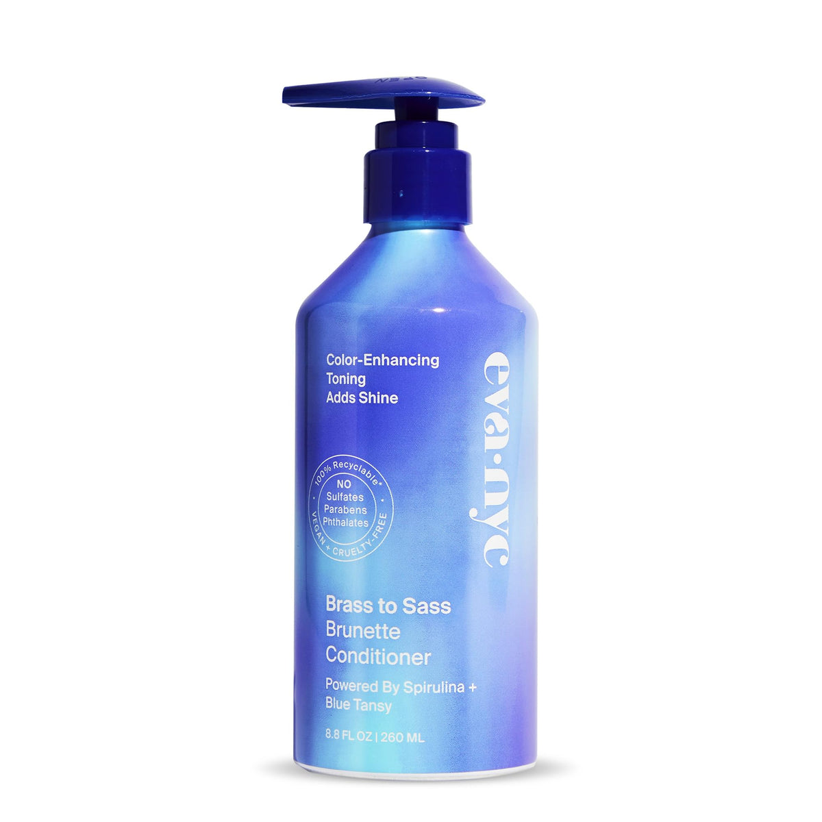 Eva NYC Brass to Sass Brunette Shampoo bottle shows blue toning for cooler brunette hues.