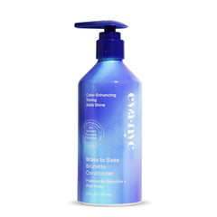 Eva NYC Brass to Sass Brunette Shampoo bottle shows blue toning for cooler brunette hues.