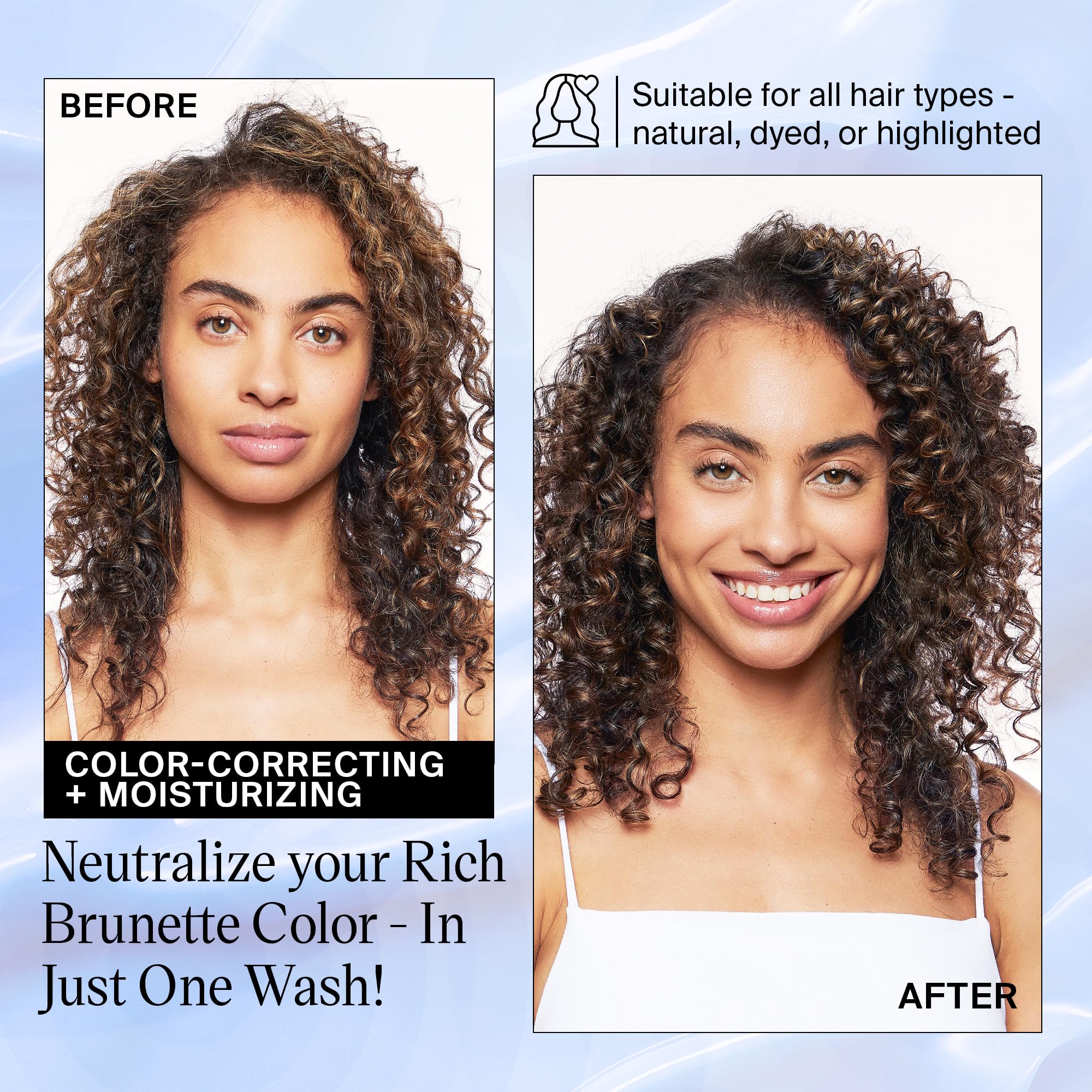 Shampoo bottle with blue hue illustrates color-neutralizing benefits for brunettes.