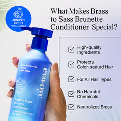 Hair shows blue shimmer after washing, suggesting toning and brunette glow.