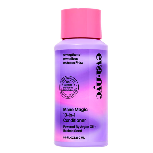 Eva NYC Mane Magic bottle shows all-in-one conditioner for versatile hair care.
