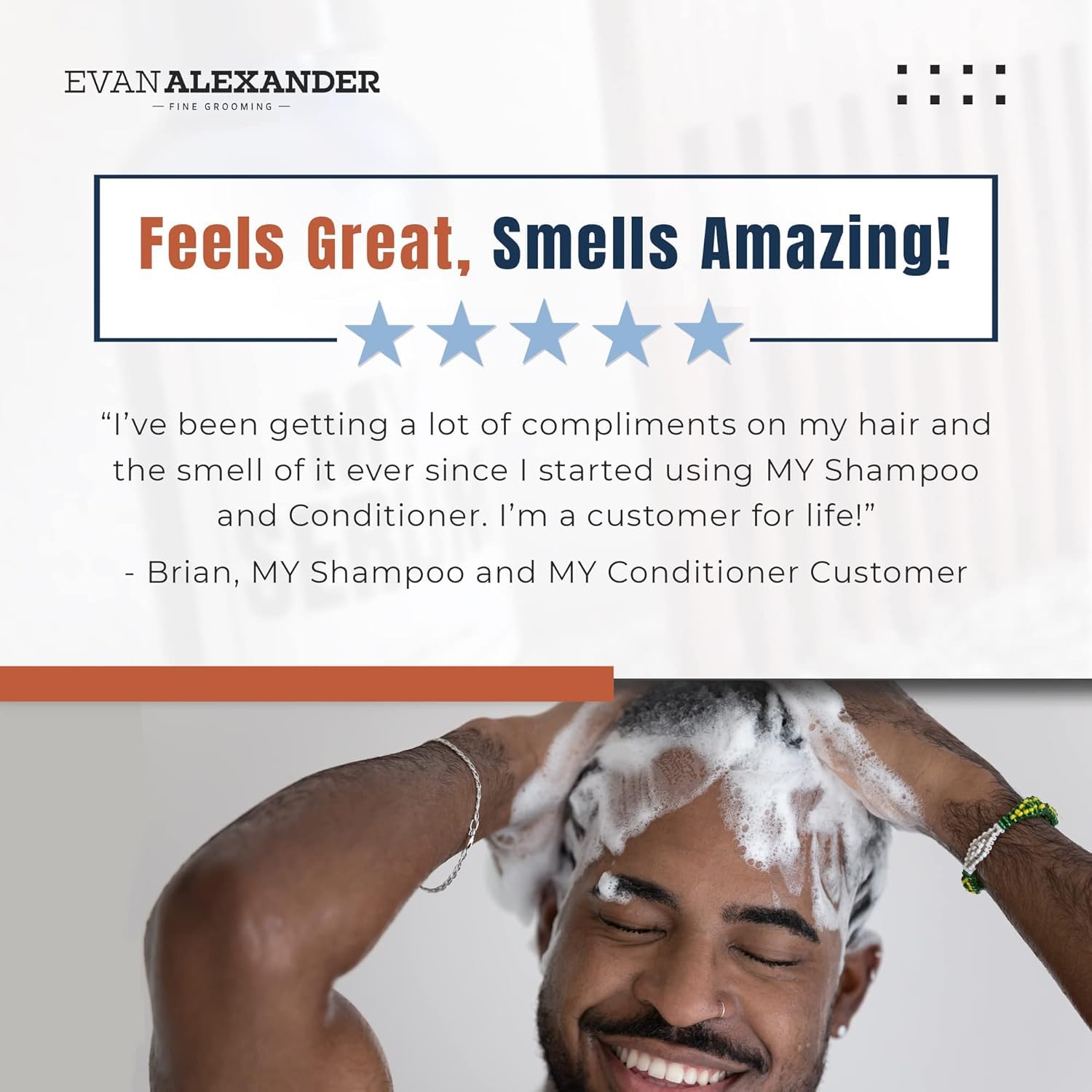 Evan Alexander MY Shampoo bottle on bathroom shelf shows 8 oz size