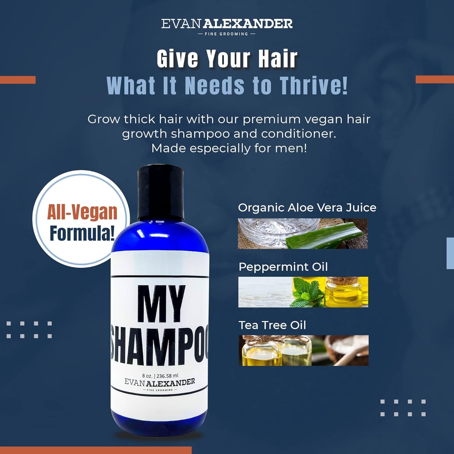 Evan Alexander MY Shampoo vegan formula label emphasizes clean, chemical-free care