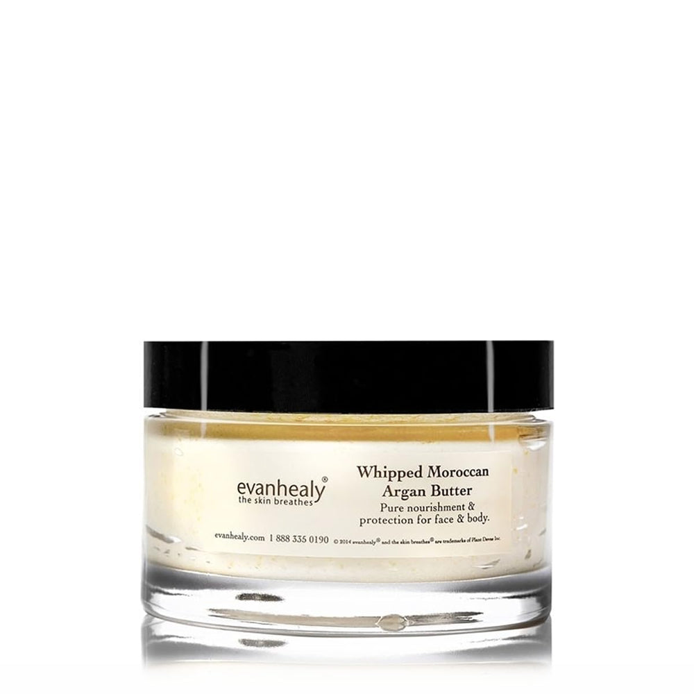 evanhealy whipped Moroccan Argan Butter packaging close-up, rich in natural oils for nourishing skin.