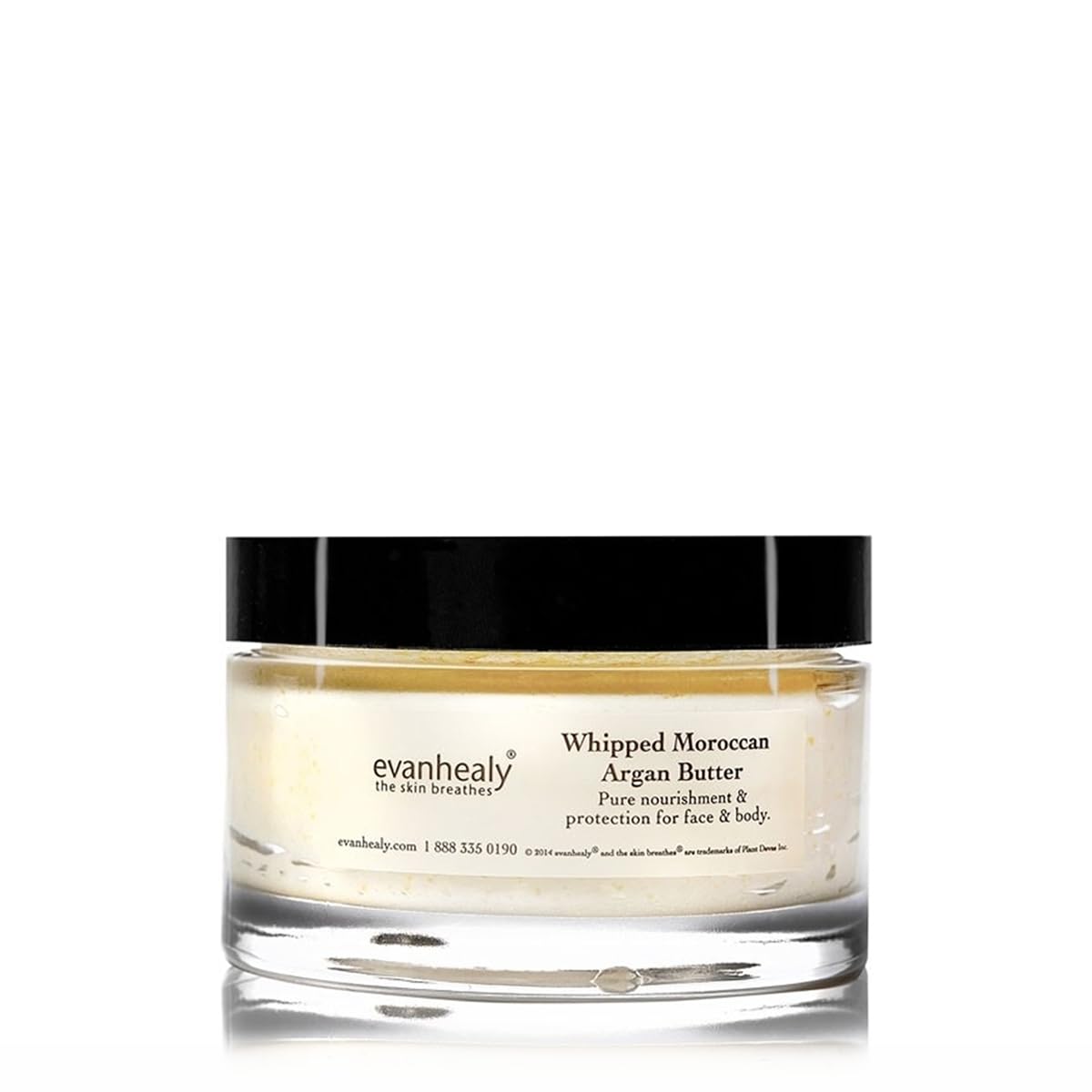 evanhealy whipped Moroccan Argan Butter packaging close-up, rich in natural oils for nourishing skin.