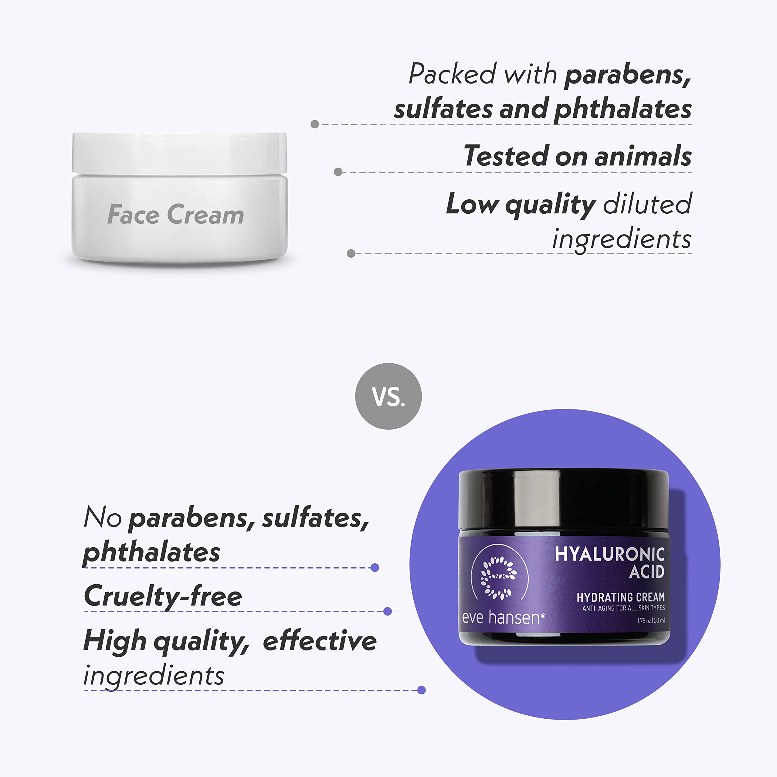 Vegan cruelty-free logo on Eve Hansen Hyaluronic Acid Cream packaging