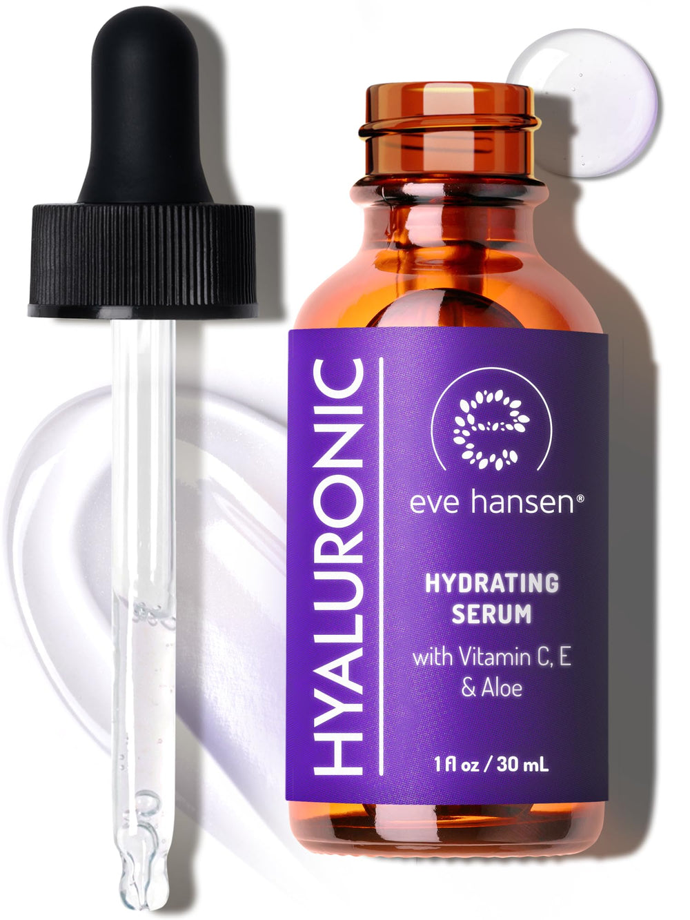 Eve Hansen hydrating serum bottle delivering deep hydration for glowing skin.