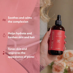 Eve Hansen Rose Water Face Mist on skin delivers gentle refreshment.