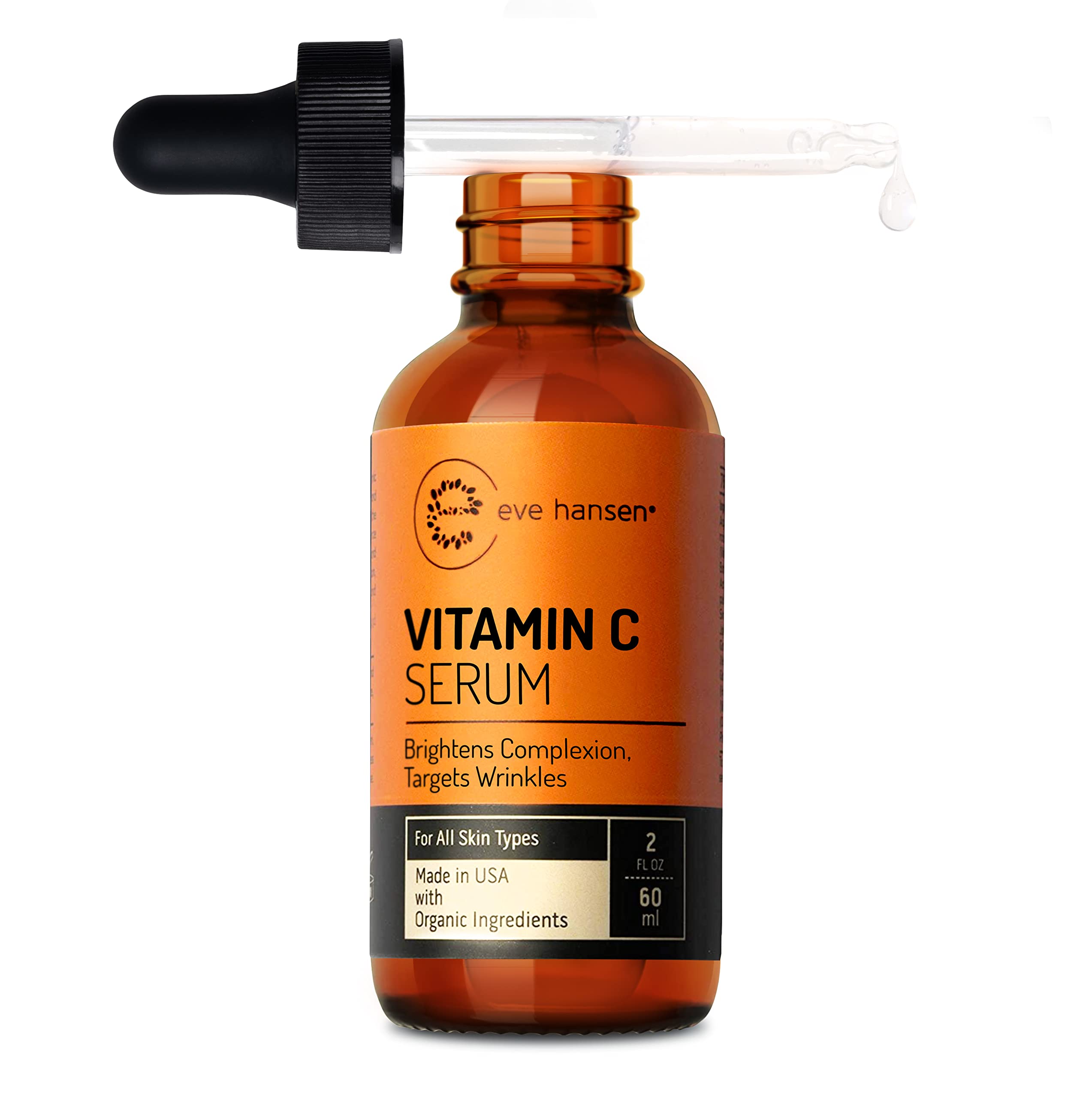 Eve Hansen Vitamin C Serum bottle closeup demonstrating hydrating antioxidant skincare.