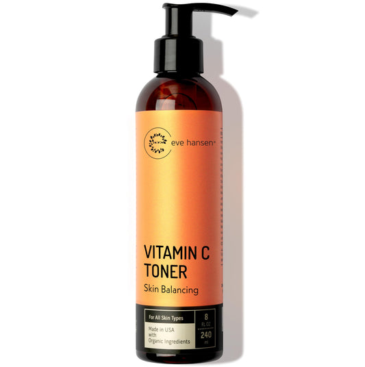 Eve Hansen Vitamin C Toner bottle front promotes clean, natural skincare for all skin types.