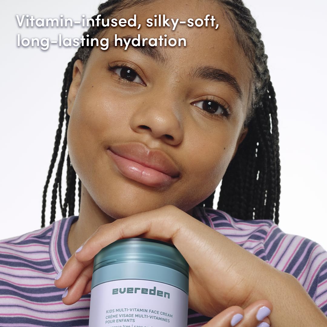 Evereden fragrance-free kids face cream application steps illustration suggests simple daily routine.