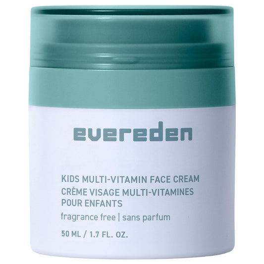 Evereden fragrance-free kids face cream bottle shows gentle hydration for daily use.