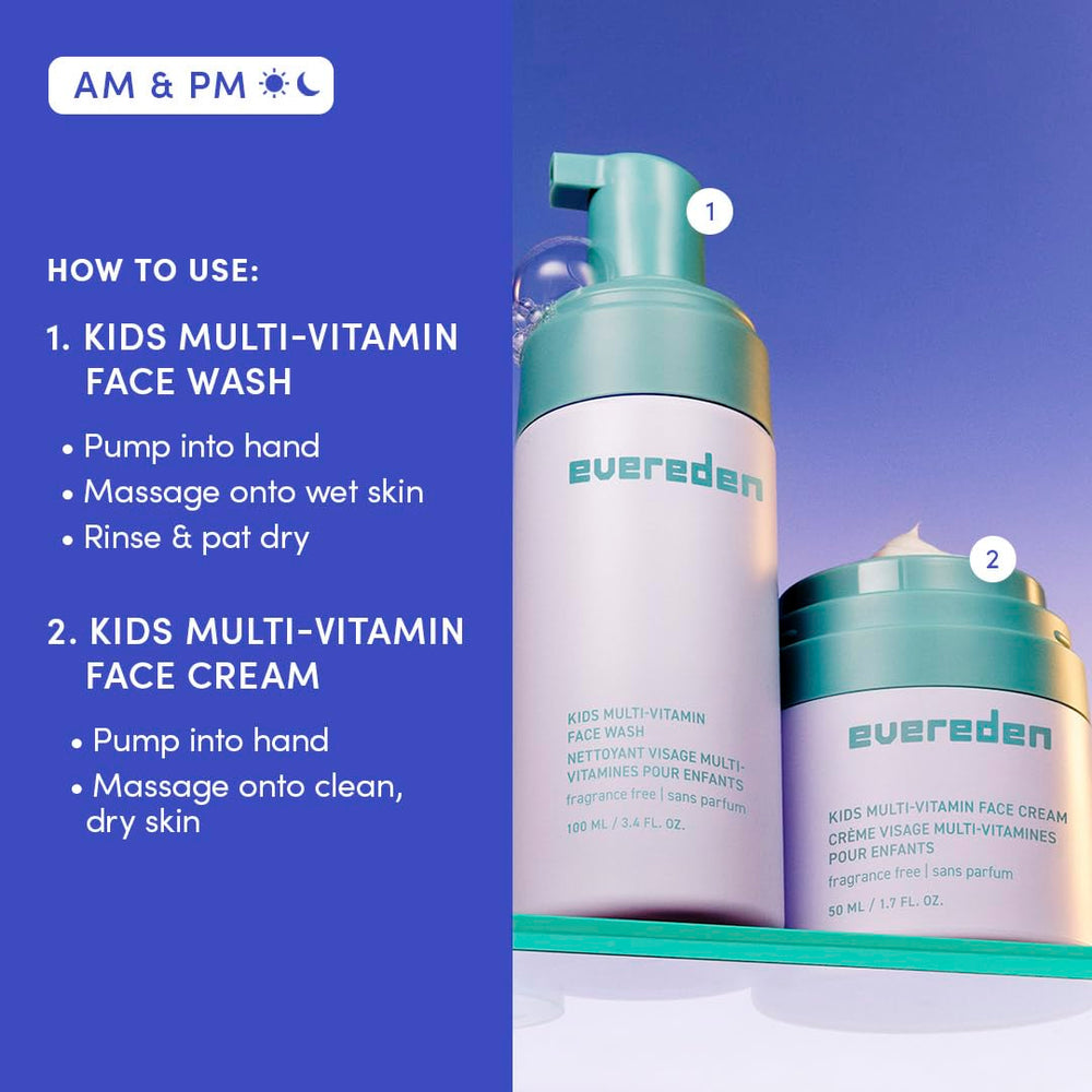Evereden fragrance-free kids routine image showing morning and night use