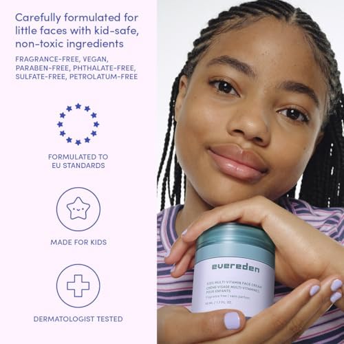 Evereden fragrance-free kids vegan skin care collection on bathroom shelf