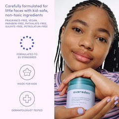 Evereden fragrance-free kids vegan skin care collection on bathroom shelf