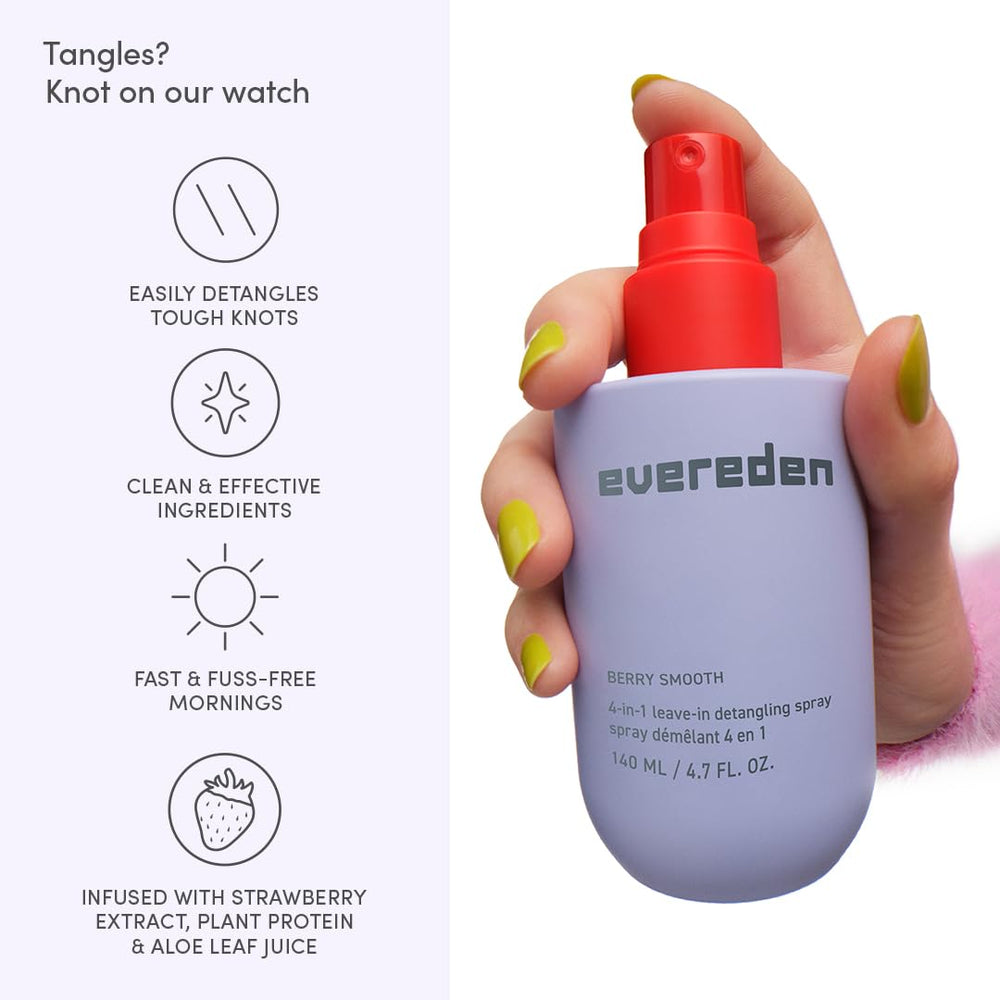 Evereden Kids Detangler Spray bottle highlight argan oil for moisturized, soft strands.