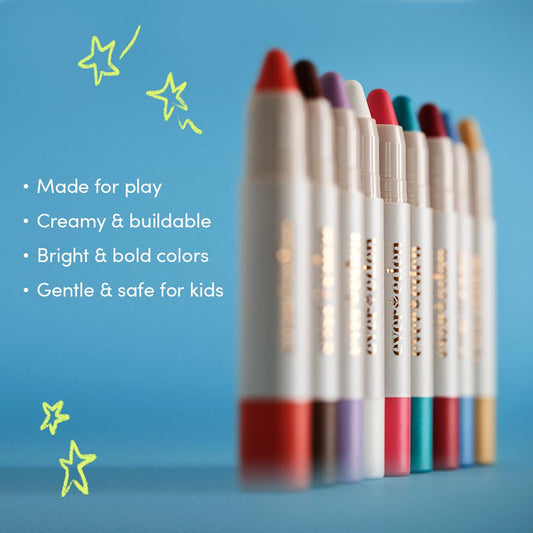 Evereden Kids Color Swatches show vibrant, non-toxic options for imaginative makeup.