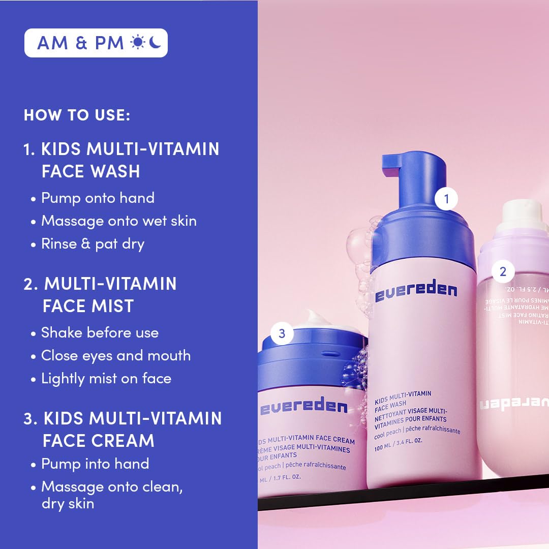 Evereden Kids skincare routine display suggesting morning and bedtime care.