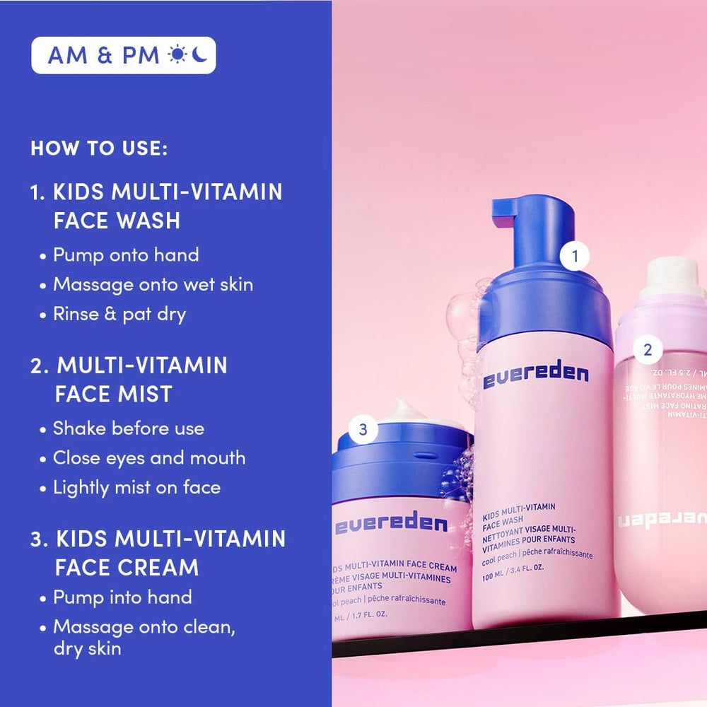 Evereden Kids skincare routine display suggesting morning and bedtime care.