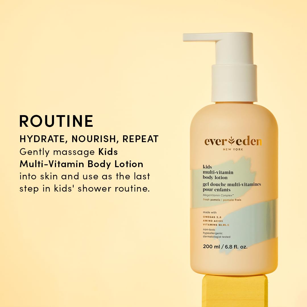 Evereden kids lotion packaging conveys safe, gentle moisturization for families.