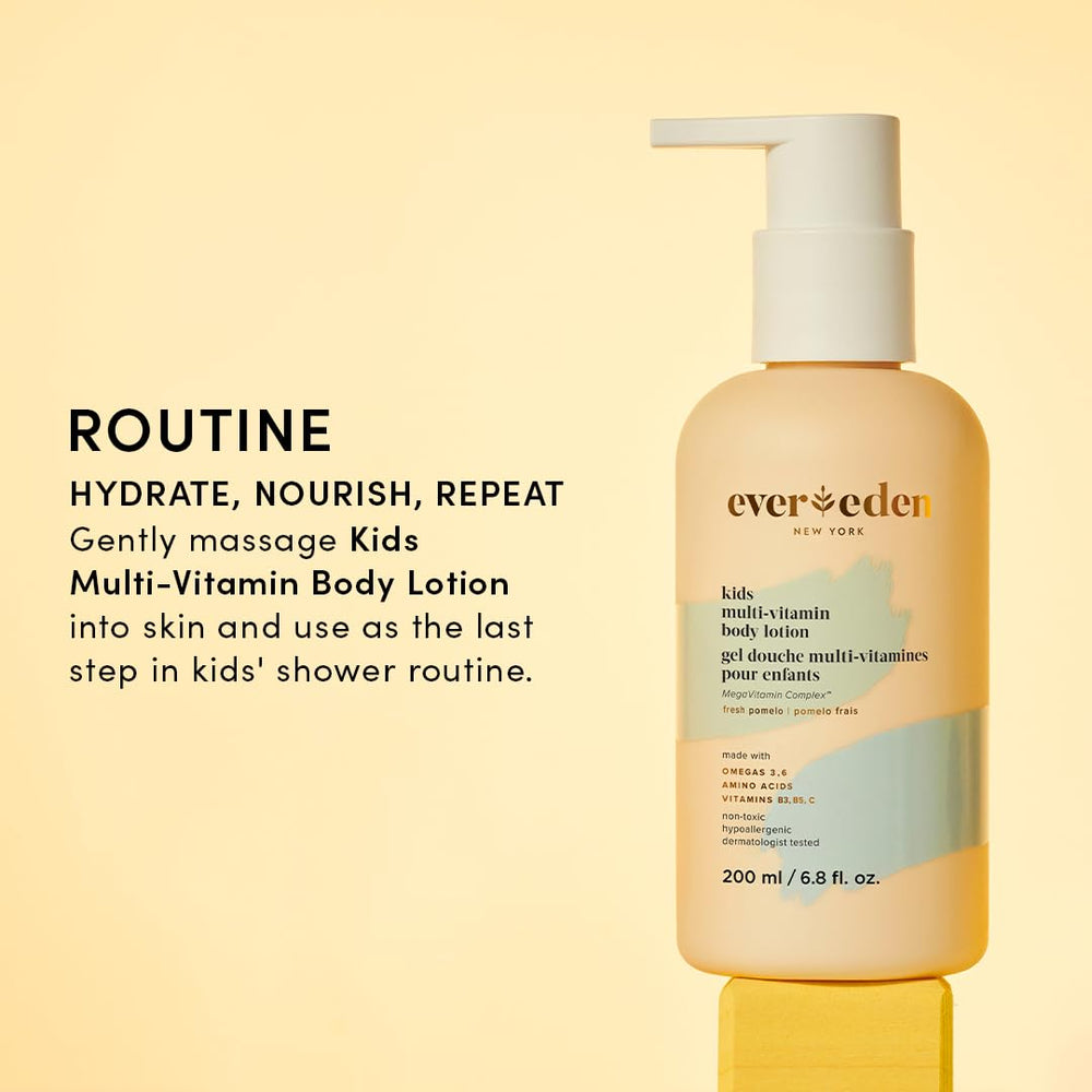 Evereden kids lotion packaging conveys safe, gentle moisturization for families.